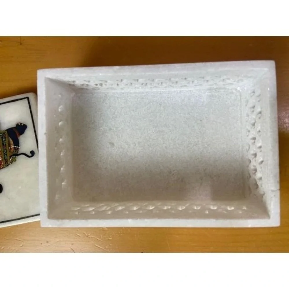 Hand Painted Marble Elephant Jewelry Box Lattice Cutout Trinket Box White Stone